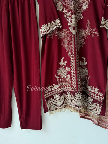 Rayon Embroidered Suit-Maroon 3639A