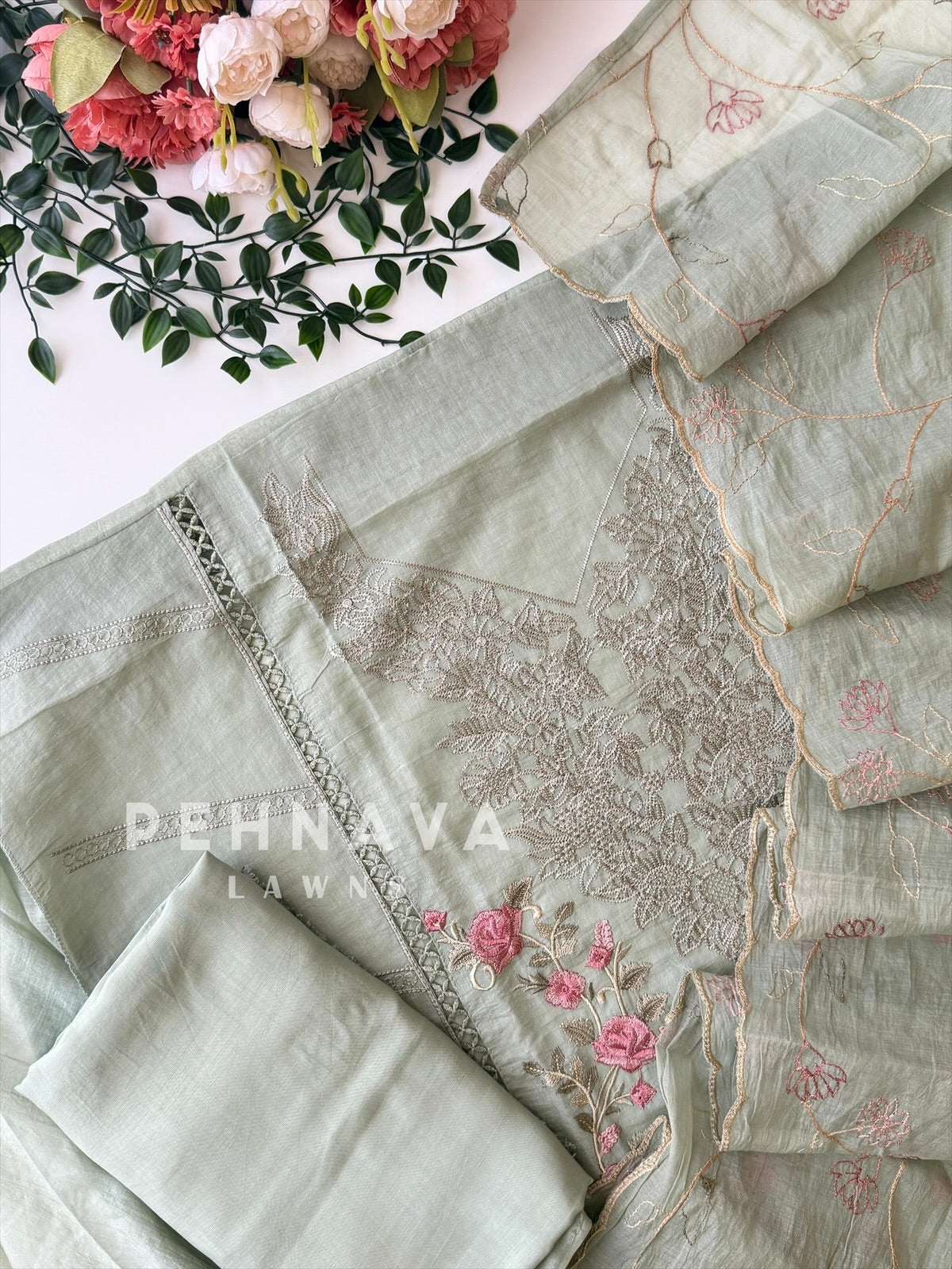 Chanderi Floral Embroidered Unstitched Suit
