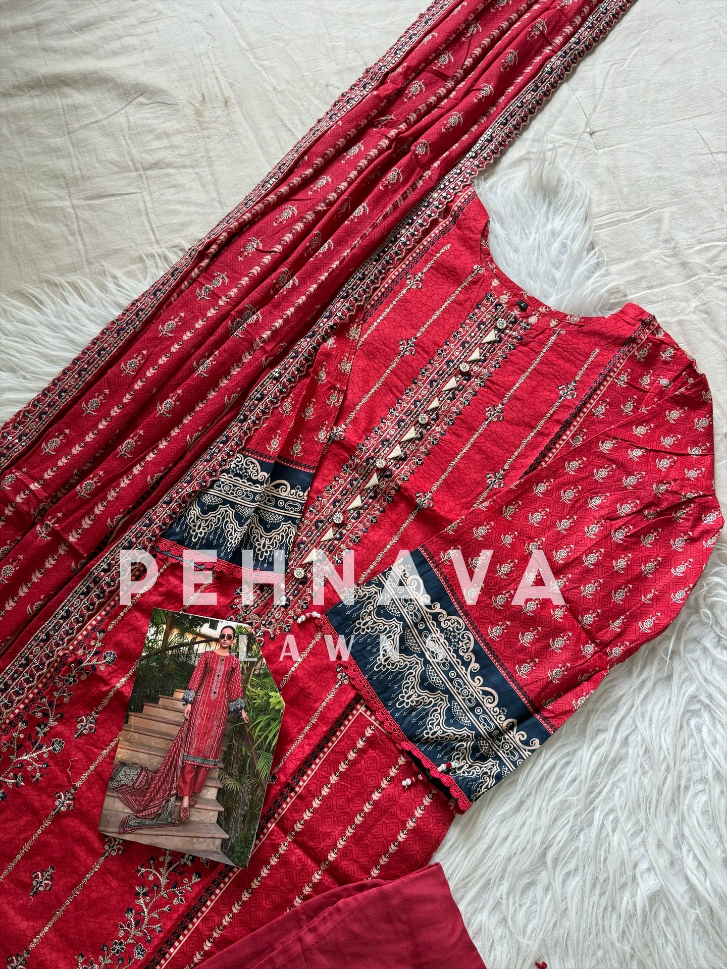 Soft dupatta embroidered suit with cotton embroidered top -3420