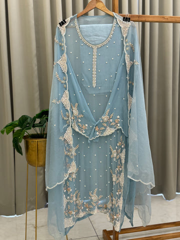 Premium Chiffon handwork suit with bottom and organza  hand  worked dupatta-1970
