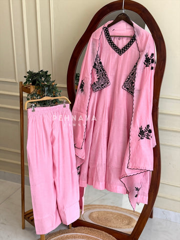 Embroidered V-Neck A-Line Suit Set-13166