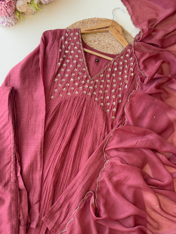 Premium Mul Chandheri A-line suit with neck detailings
