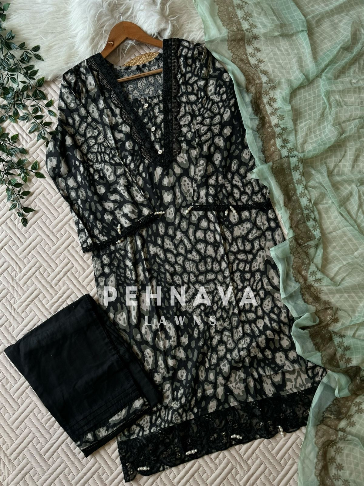 Black Printed Lawn Suit With Chiffon Dupatta