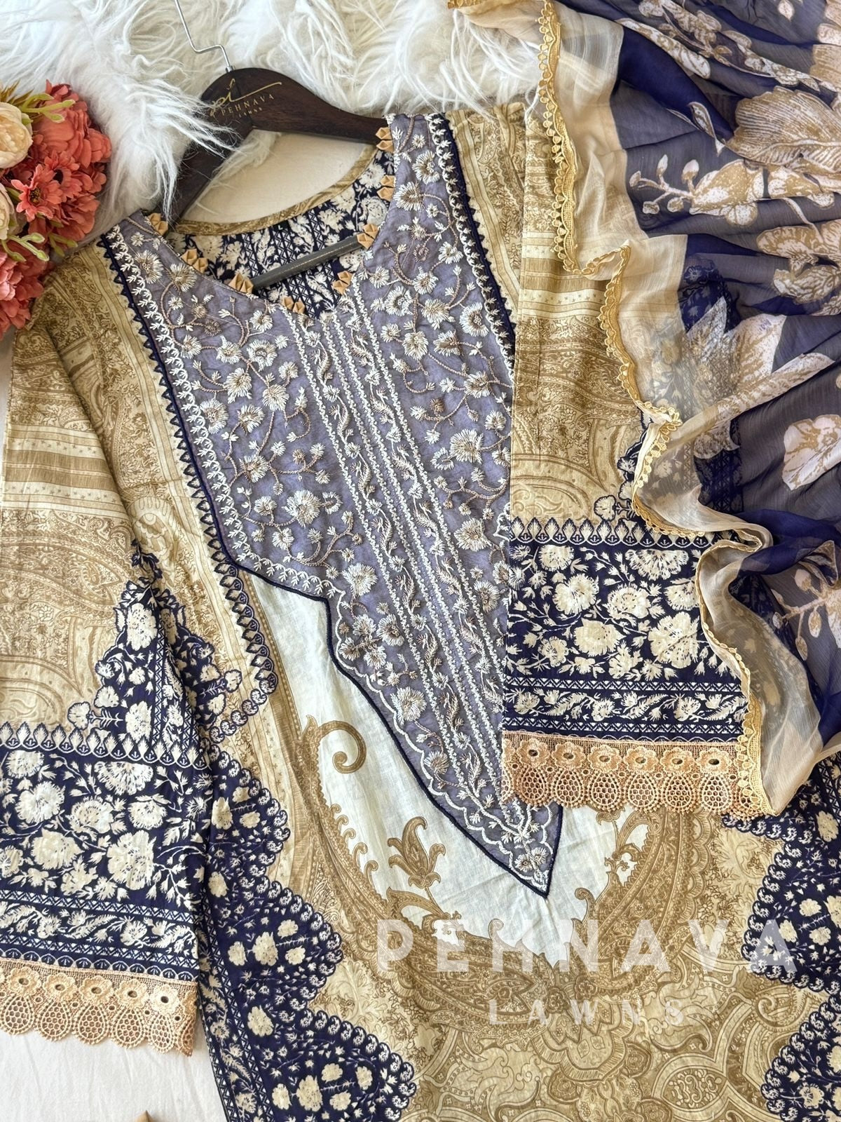 Violet’n Yellow Neckline Embroidered Pak-Suit - Pehnava Lawns