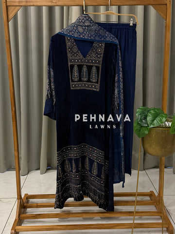 Velvet Ajrak Printed Three Piece Ensemble-1314