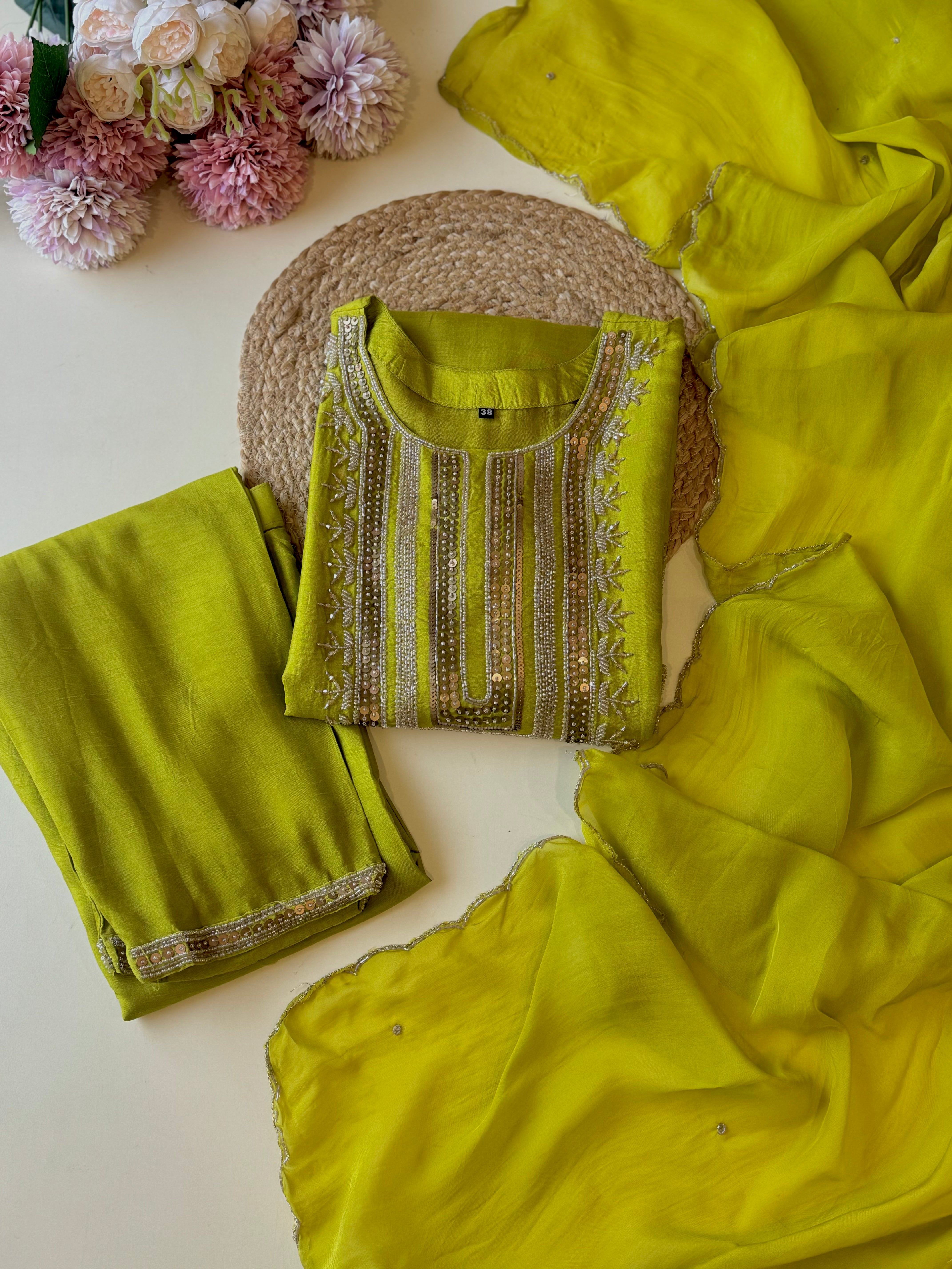 Handworked silk Suit with organza scalloped dupatta