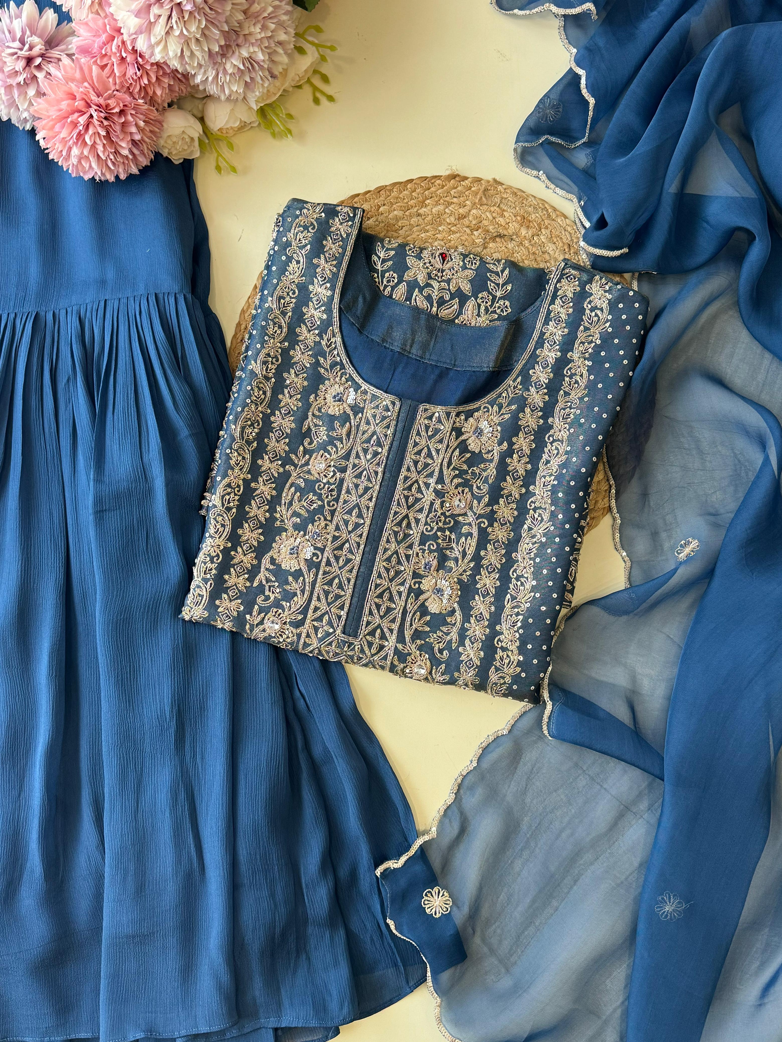 Heavy Handworked Tissue suit with sharara-56671