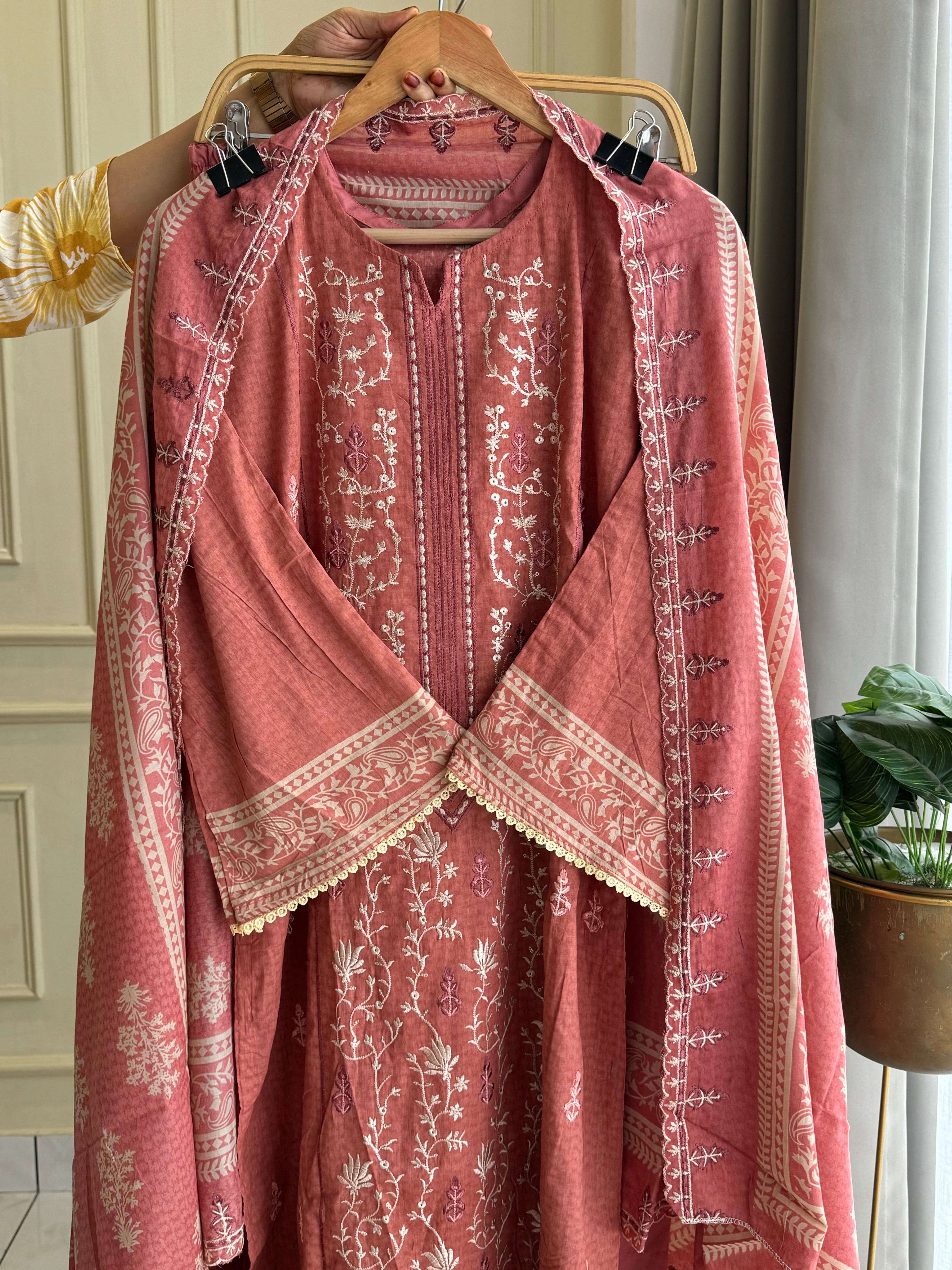Blush Peach Embroidered Cotton Suit-1179