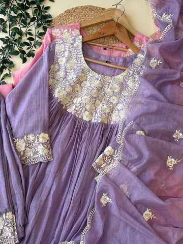 Mul Chandheri Anarakali suit with embroidery detailings