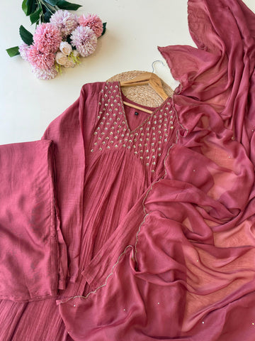 Premium Mul Chandheri A-line suit with neck detailings