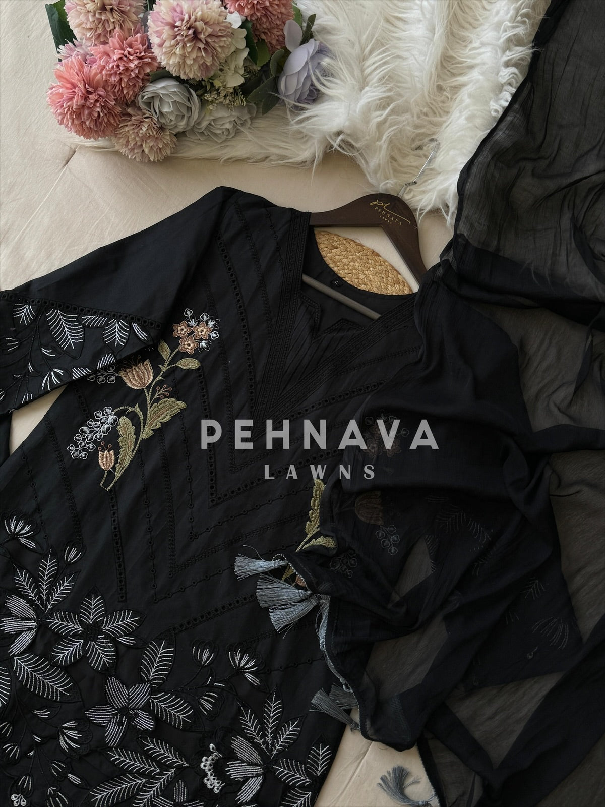 Glamorous pink&Black ensemble with cutwork embroidery - Pehnava Lawns