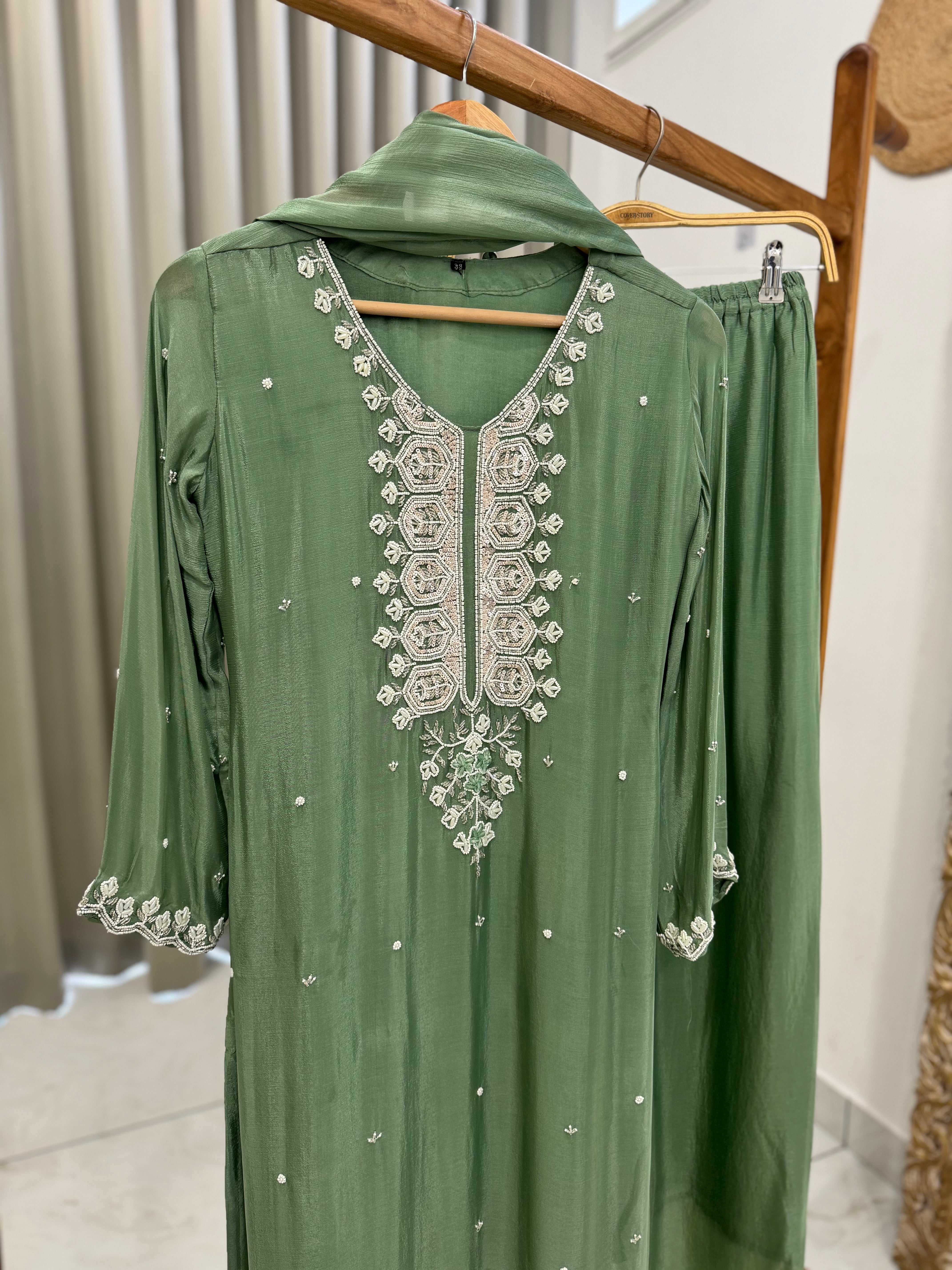 Chinnon handworked suit with  wide palazzo-color options available