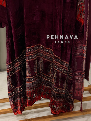 Velvet Ajrak Printed Three Piece Ensemble-1314