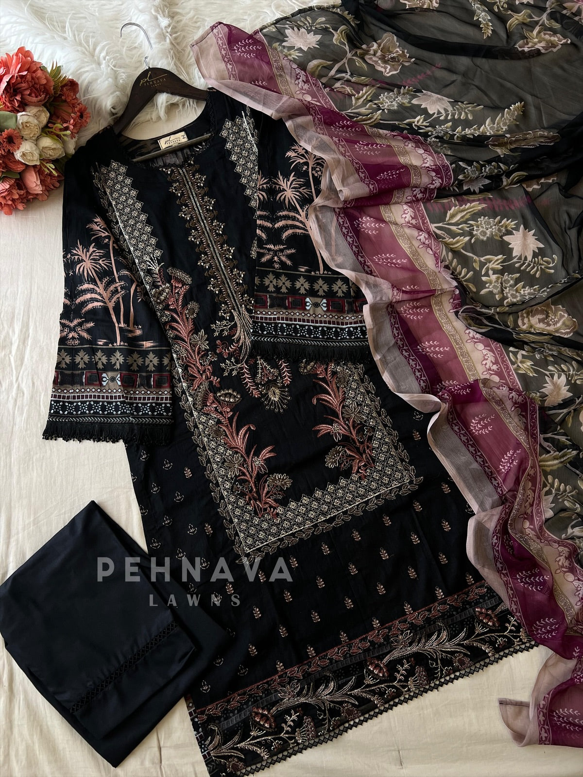 Embroidered cotton suit with chiffon dupatta - Black (Pre-booking 15-20 Days Dispatching Time ) - Pehnava Lawns