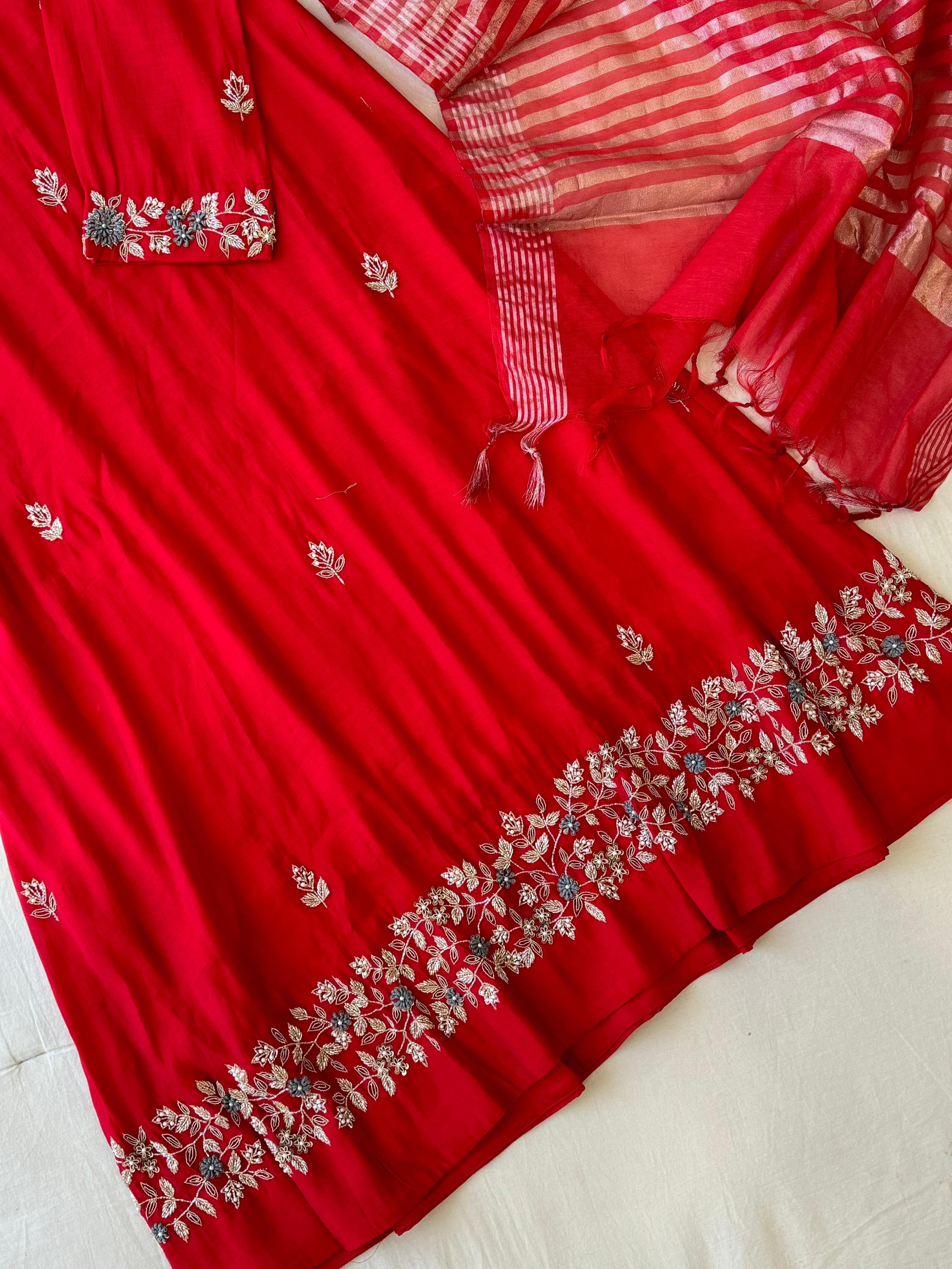 Vibrant Red Pure Chanderi Suit