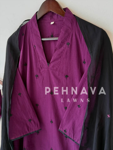 V-Neck Embroidered Cotton Suit