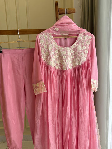 Mul Chandheri Anarakali suit with embroidery detailings