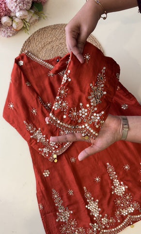 Russian silk Handworked suit with scalloped dupatta