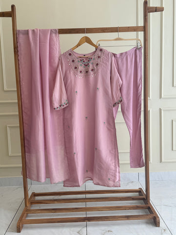 Tissue with hand work detailing and pure tissue dupatta-pink