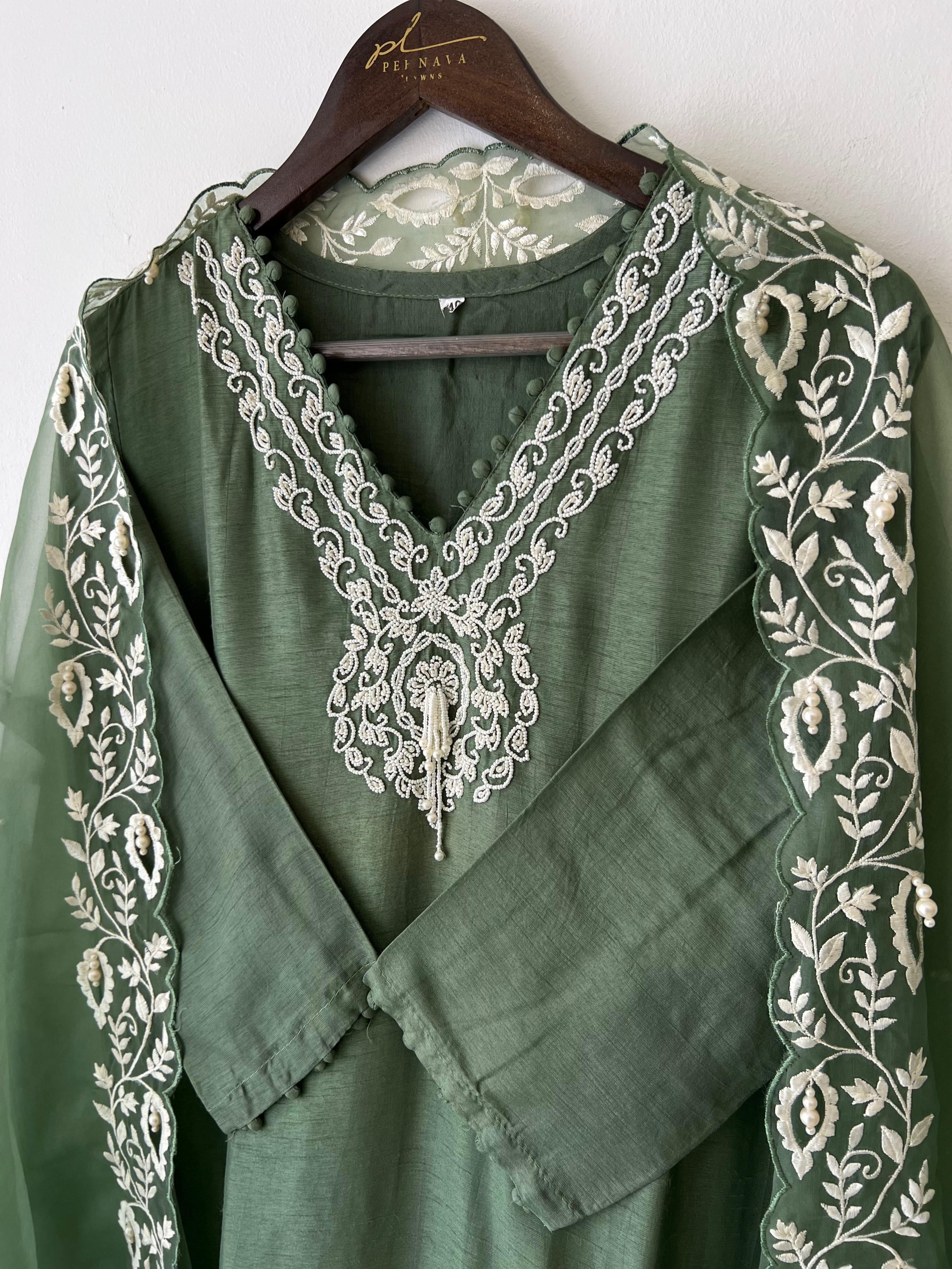 Dola silk ready to wear suit with neck detailing-color options available - Pehnava Lawns