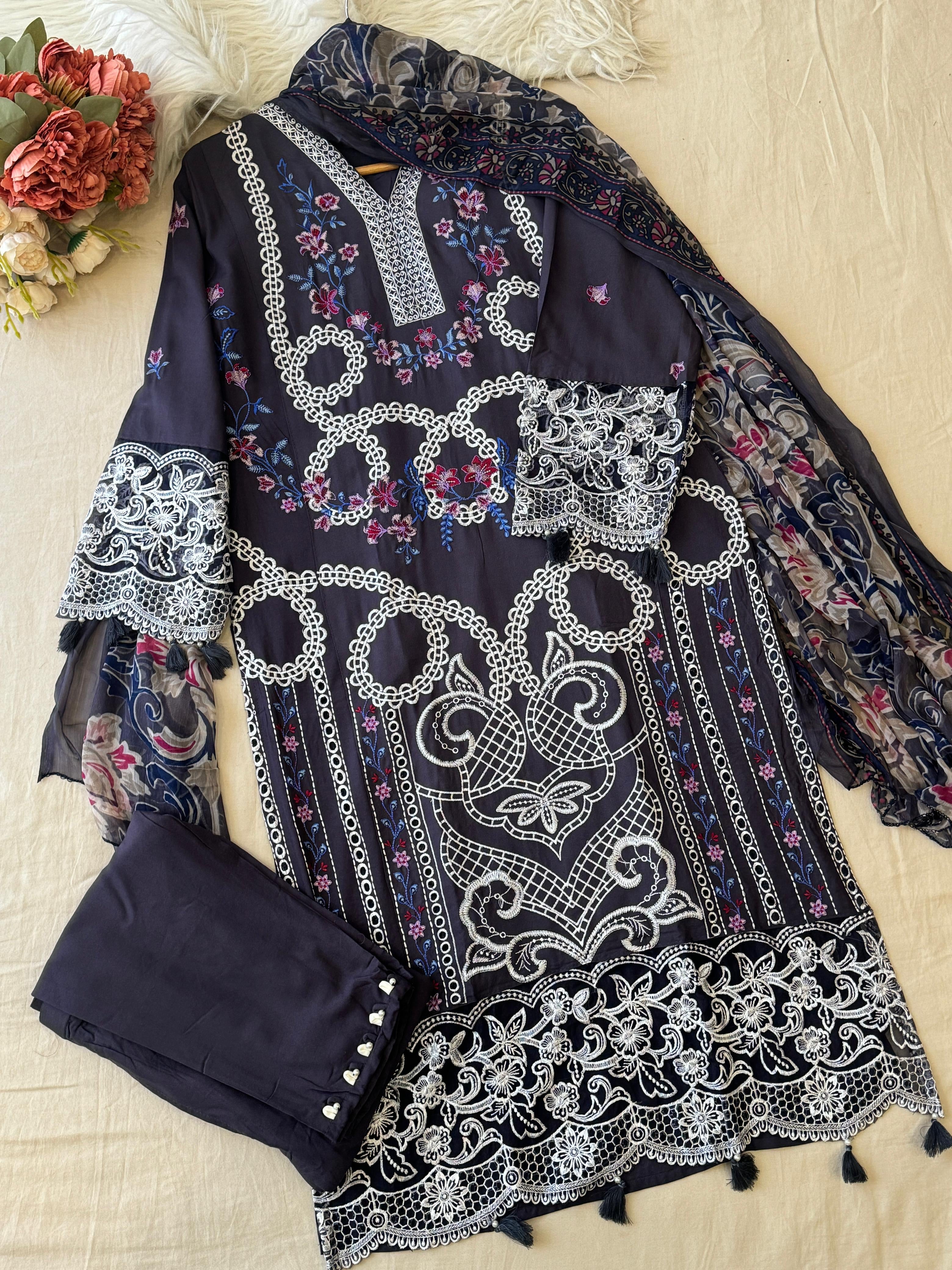 Charcoal Grey Ready to Wear Embroidered Rayon Suit - Pehnava Lawns