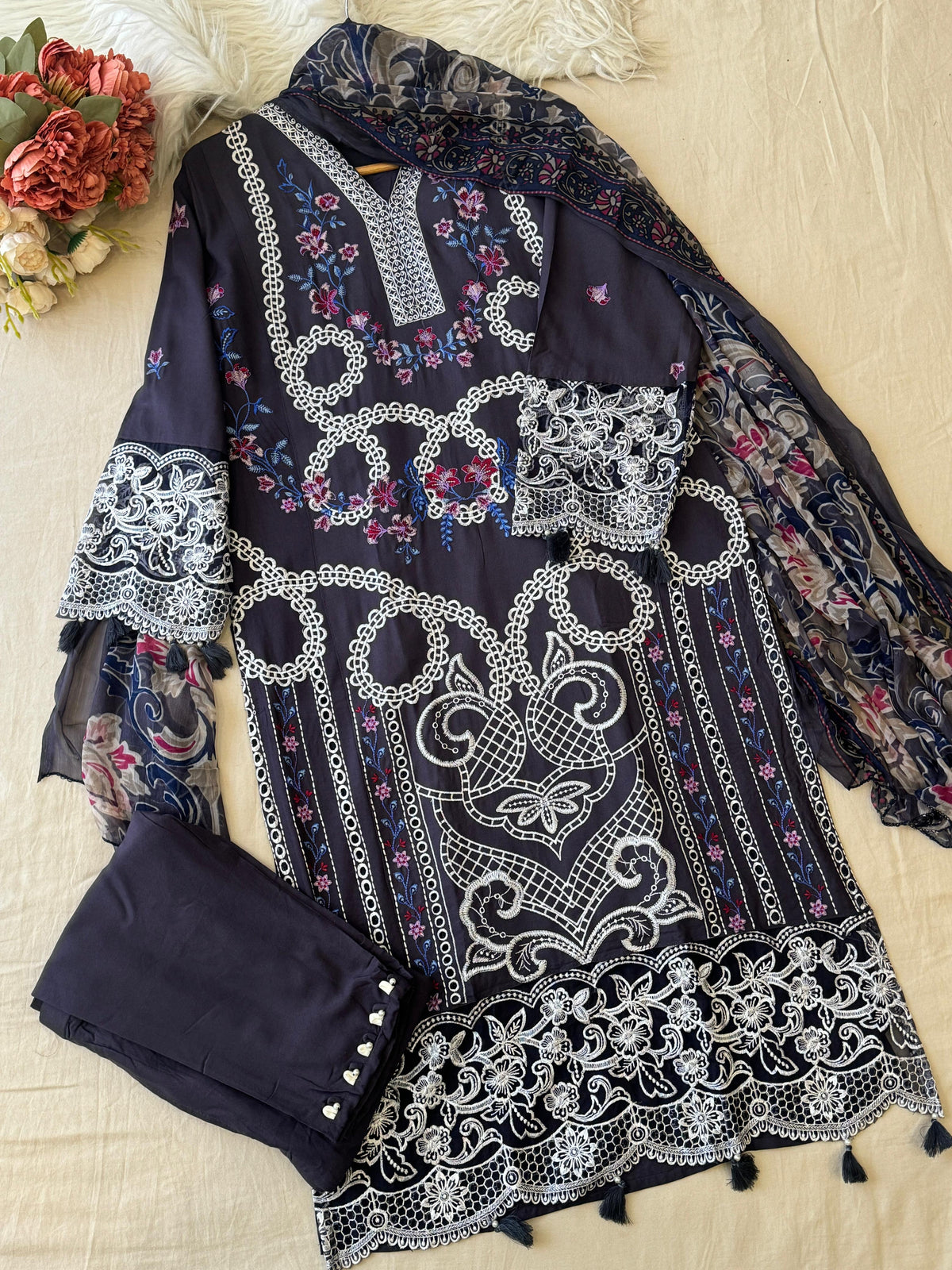 Charcoal Grey Ready to Wear Embroidered Rayon Suit - Pehnava Lawns
