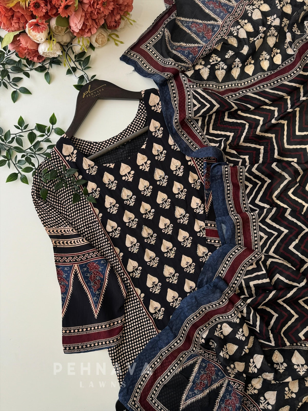 Premium Ajrakh Print Muslin Suit Set- 12518 - Pehnava Lawns