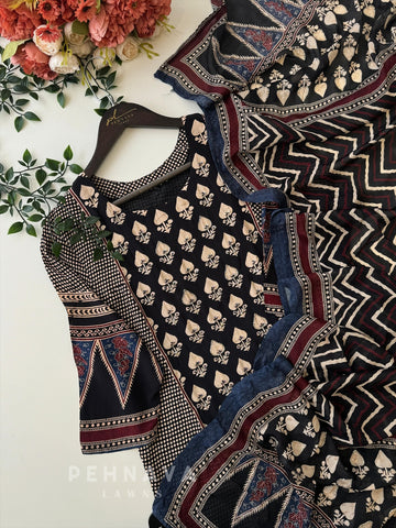 Premium Ajrakh Print Muslin Suit Set- 12518 - Pehnava Lawns