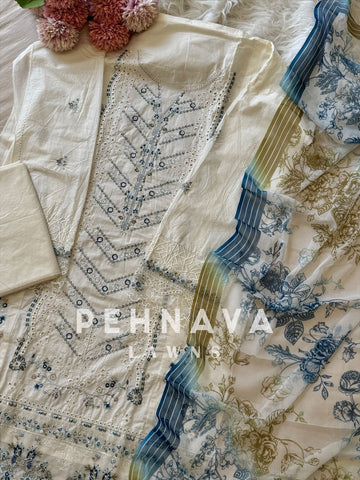Cotton Embroidered Suit Featuring Chiffon/Cotton Shawl-1004