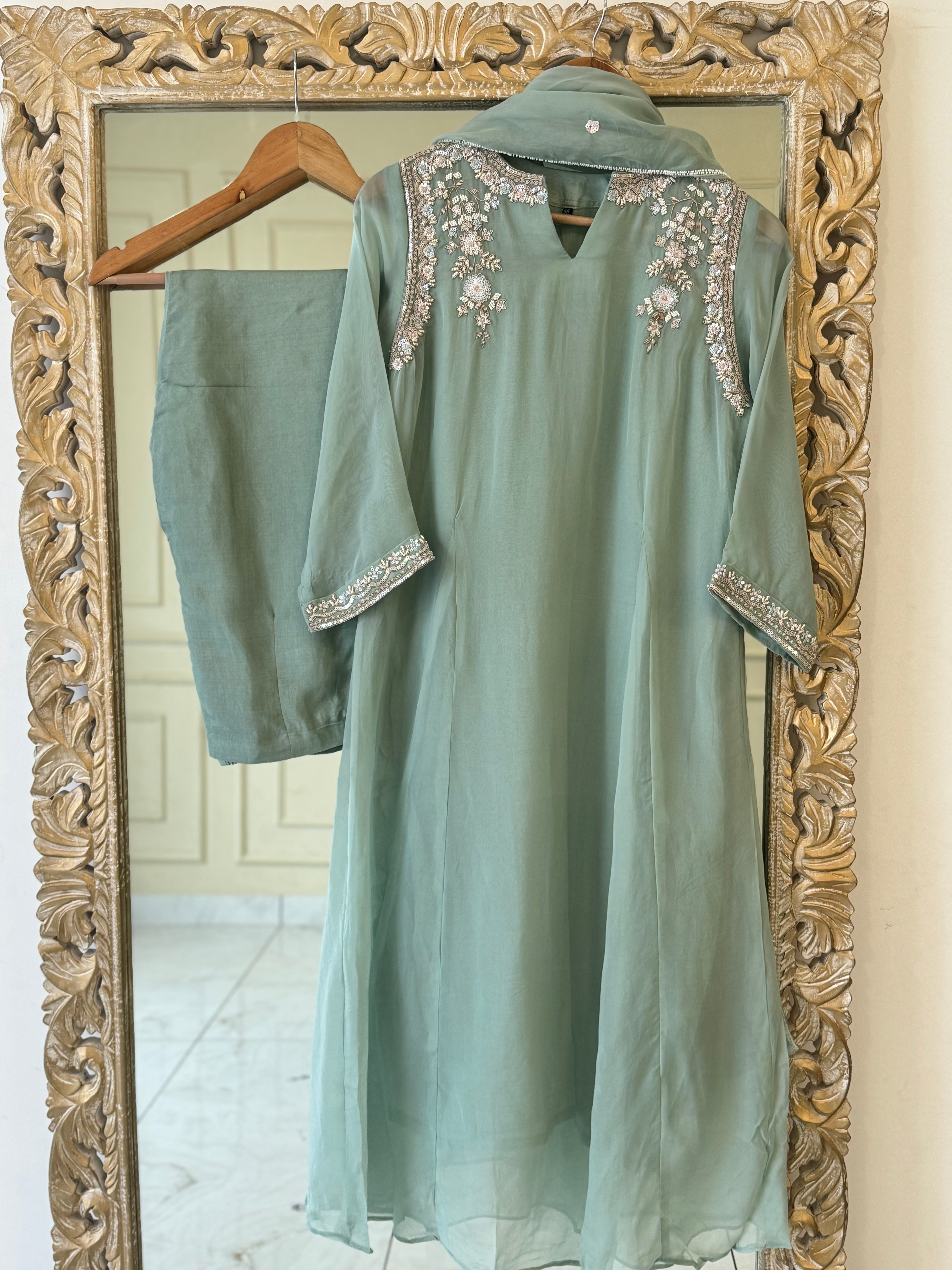 Pure organza aline suit with neck detailing-color options available