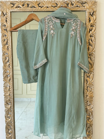 Pure organza aline suit with neck detailing-color options available
