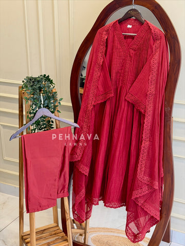 Pleated Yoke Lace-Trimmed Suit Set