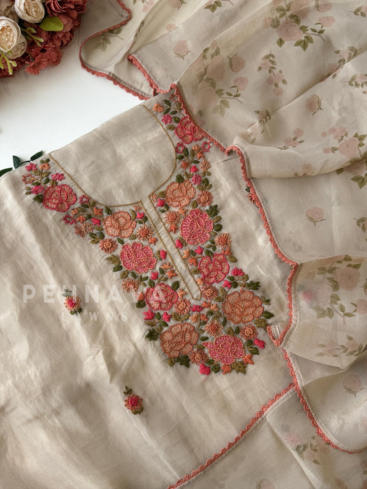Premium Crushed Tissue Embroidered Unstitched Suit No.2 - Pehnava Lawns
