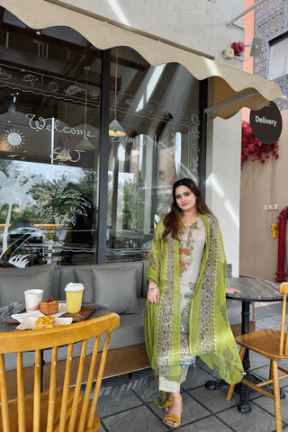 Green Cotton Suit With Chiffon Dupatta