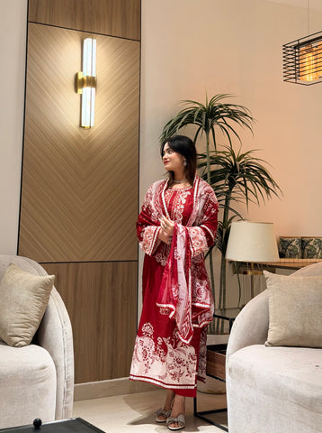 Red Neckline Embroidered Paksuit-1356A