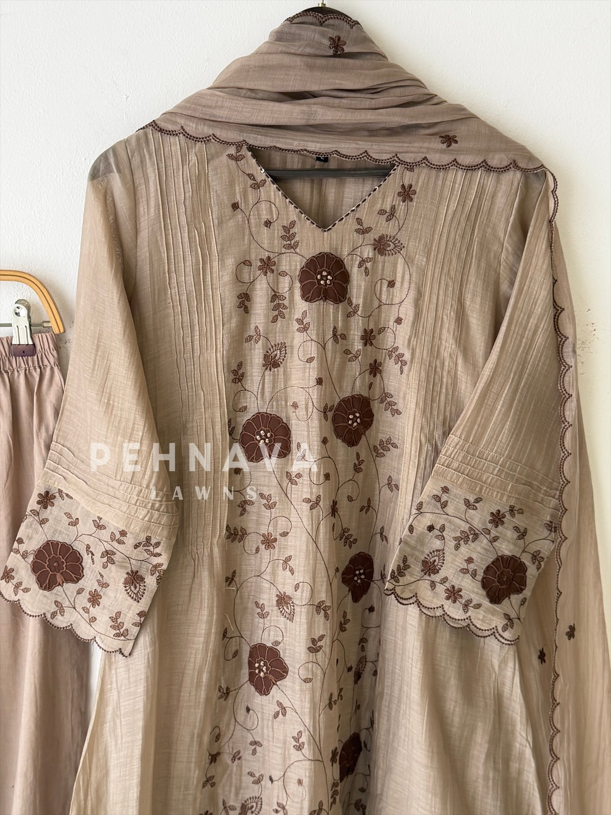 Pleated Yoke Floral Embroidered Ensemble3048