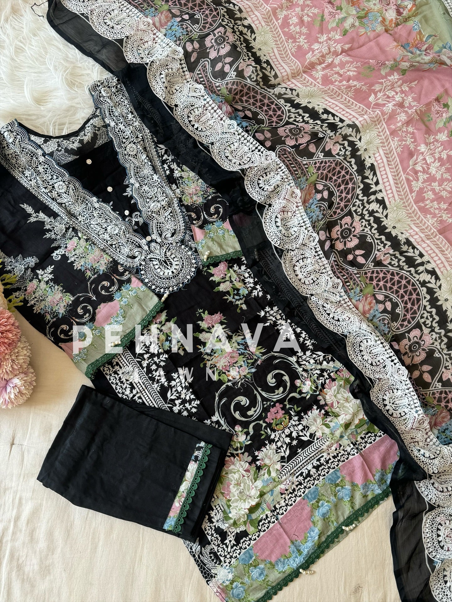 Cotton emroidered suit with chiffon /cotton embroidered dupatta-3689