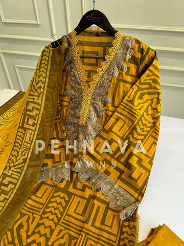 Embroidered Lawn Suit with Printed Dupatta-Chiffon/Cotton-9