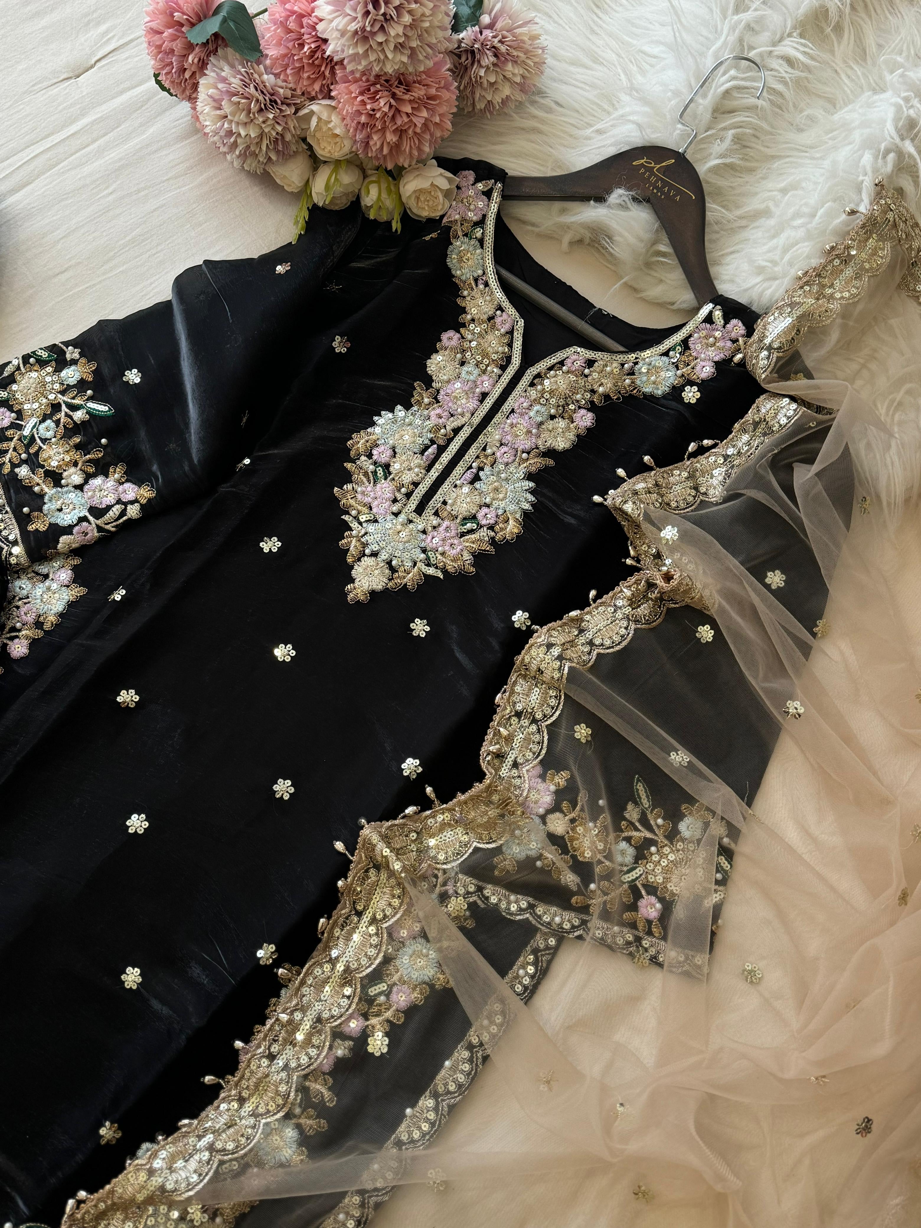 Black Party wear with Organza Dupatta - Pehnava Lawns