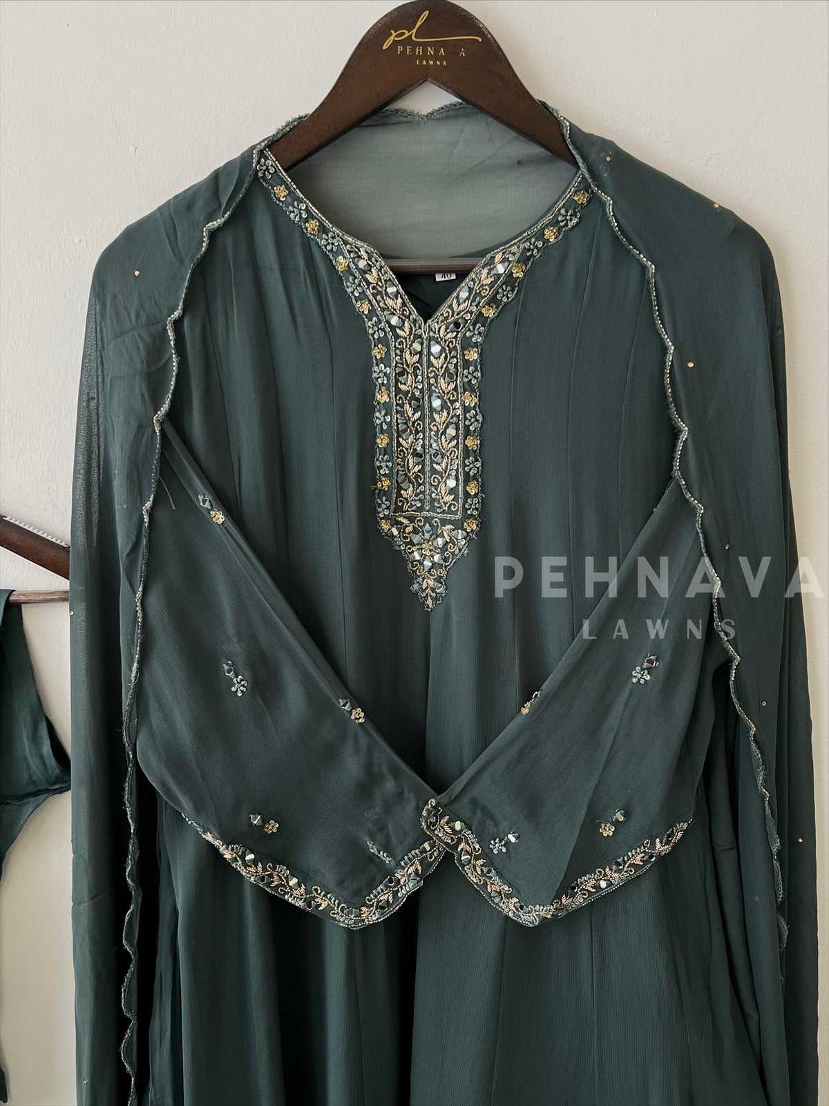 Full-flaired front slitted Gown with hand and Neck detailings - Pehnava Lawns