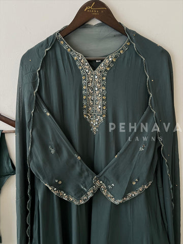 Full-flaired front slitted Gown with hand and Neck detailings - Pehnava Lawns