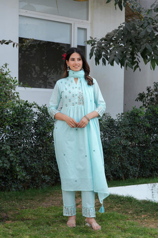 Pure Cotton Self-Embroidered pleated suit