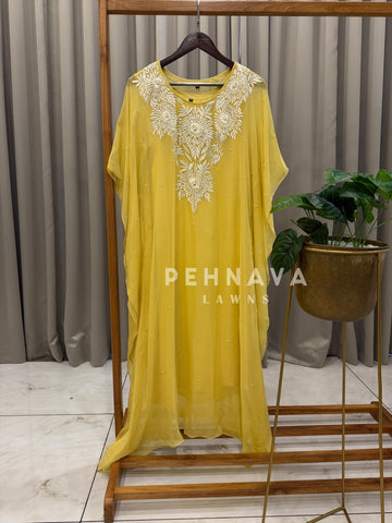 Heavy Embroidery With Pearl Detail kafthan yellow