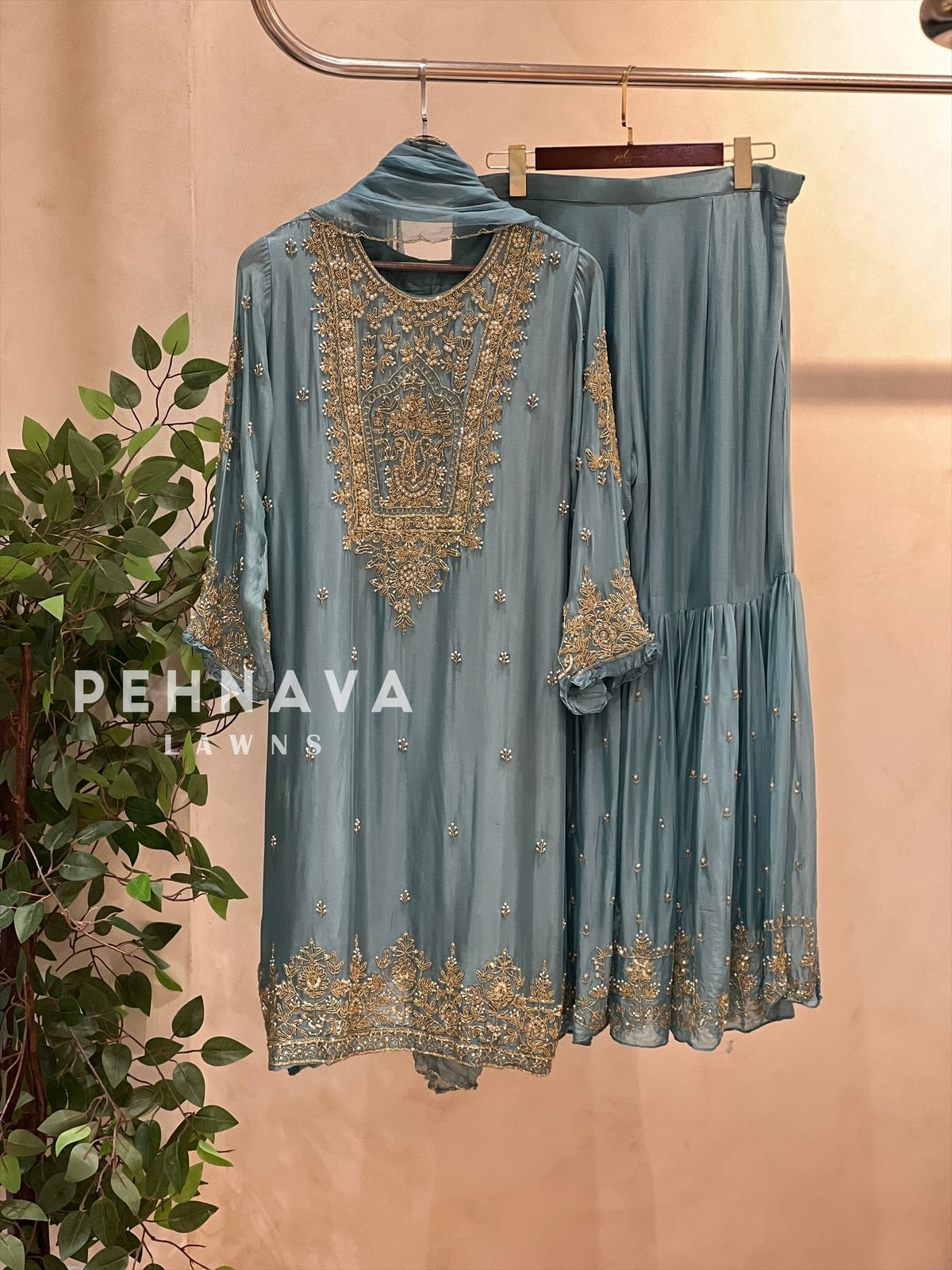 Heavily Handworked Sharara with Pure Chiffon Dupata - Pehnava Lawns