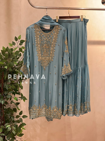 Heavily Handworked Sharara with Pure Chiffon Dupata - Pehnava Lawns