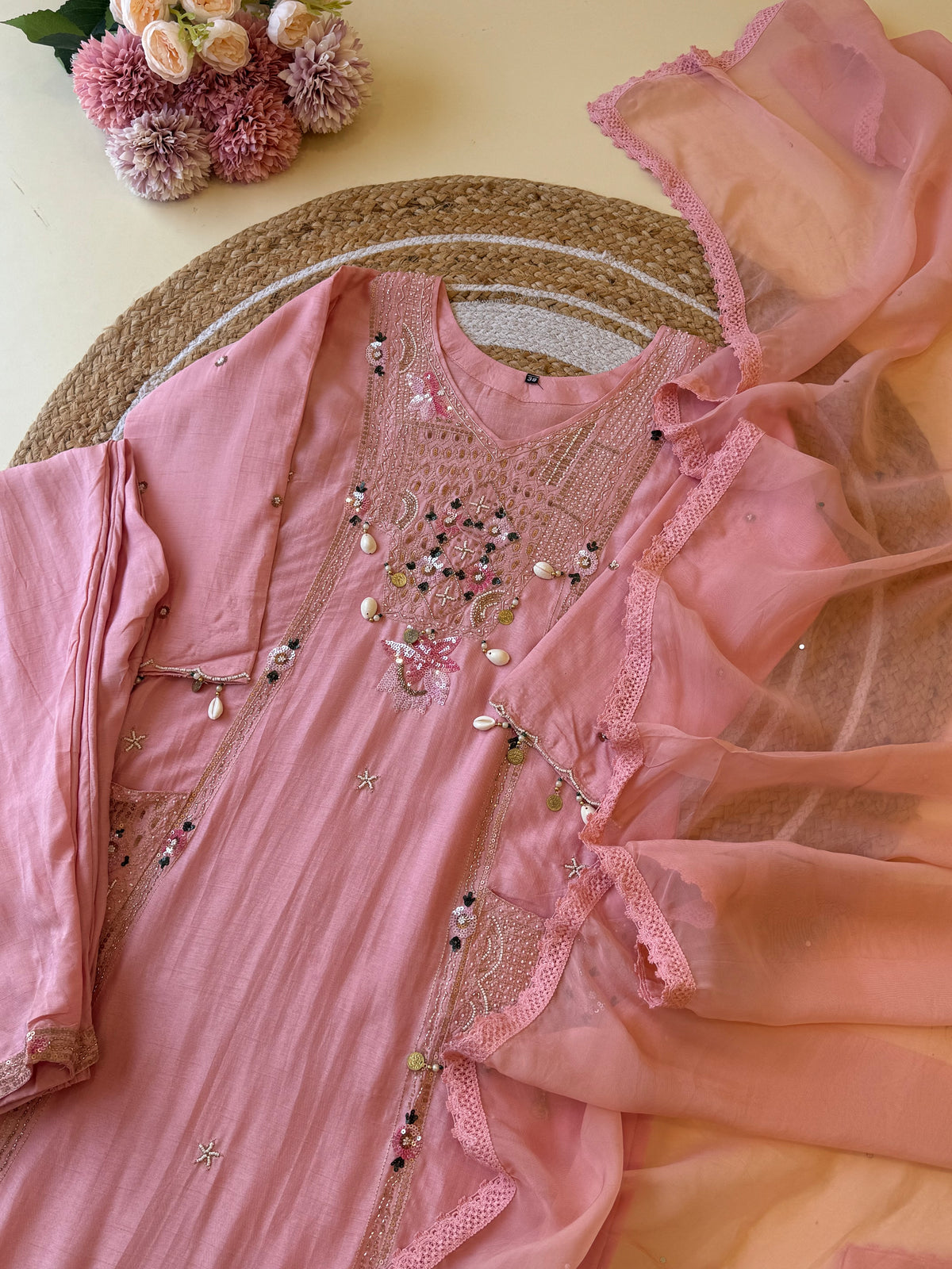 Handworked suit with pockets and organza dupatta-3 color options