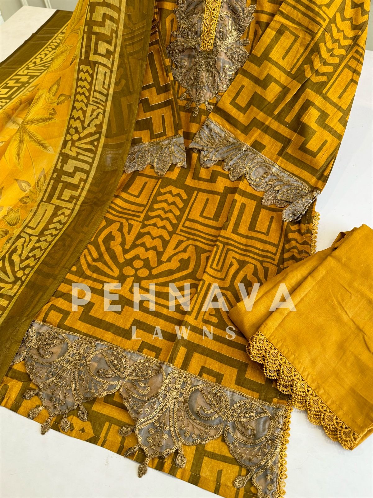 Embroidered Lawn Suit with Printed Dupatta-Chiffon/Cotton-9