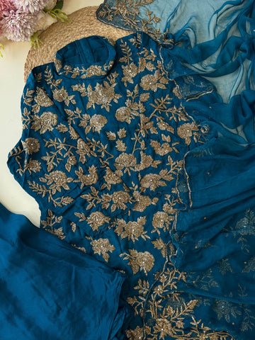 Heavy hand embroidered suit with wide sharara 8779