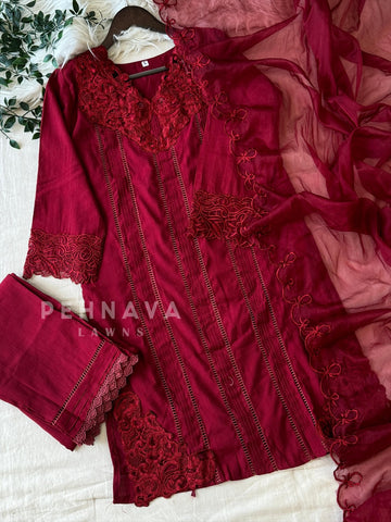 Designer Tunic Dress with embroidered organza Dupatta - Pehnava Lawns
