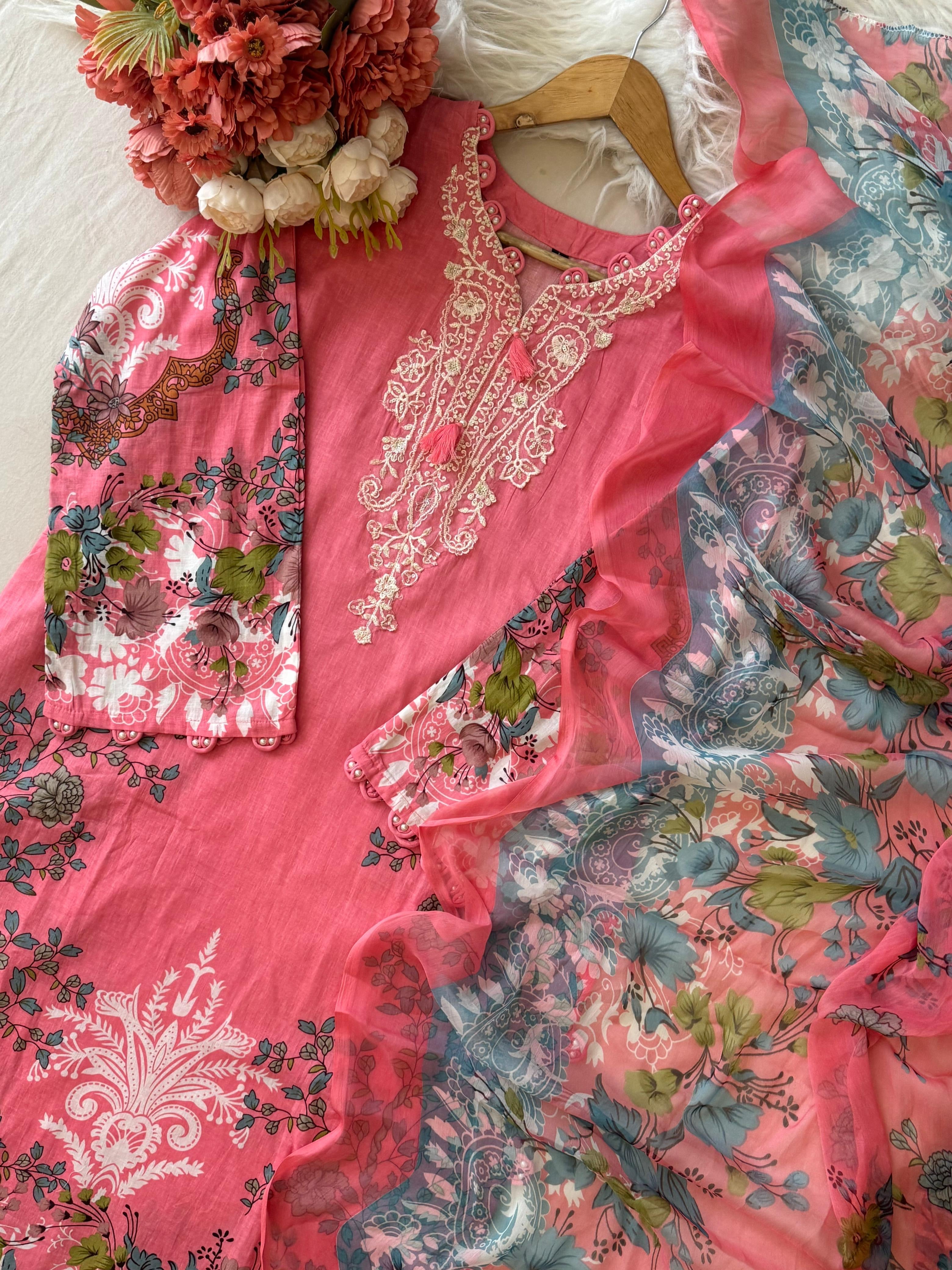 Pink Floral Printed Pak-Suit 3755